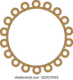 Round rope frame isolated on white background. Twisted cord with decorative loops and nautical knots. Braided rope decor. Vintage flat cartoon vector border.