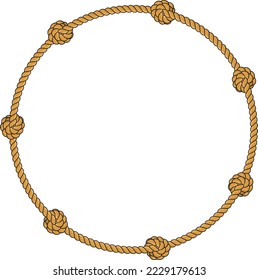 Round rope frame isolated on white background. Twisted cord with decorative loops and nautical knots. Braided rope decor. Vintage flat cartoon vector border.