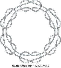 Round rope frame isolated on white background. Twisted cord with decorative loops and nautical knots. Braided rope decor. Vintage flat cartoon vector border.