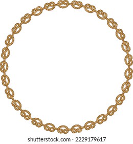 Round rope frame isolated on white background. Twisted cord with decorative loops and nautical knots. Braided rope decor. Vintage flat cartoon vector border.