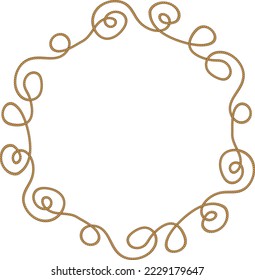 Round rope frame isolated on white background. Twisted cord with decorative loops and nautical knots. Braided rope decor. Vintage flat cartoon vector border.