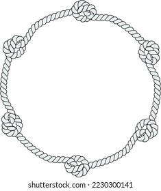 Round rope frame isolated on white background. Twisted cord with decorative loops and nautical knots. Braided rope decor. Vintage flat cartoon vector border.