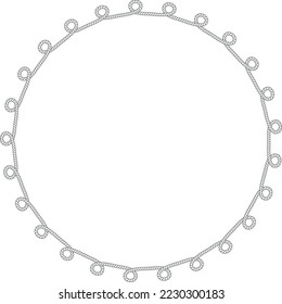 Round rope frame isolated on white background. Twisted cord with decorative loops and nautical knots. Braided rope decor. Vintage flat cartoon vector border.
