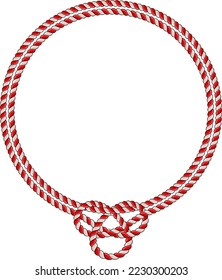 Round rope frame isolated on white background. Twisted cord with decorative loops and nautical knots. Braided rope decor. Vintage flat cartoon vector border.