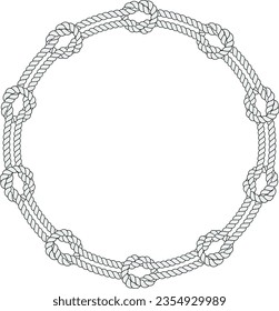 Round rope frame isolated on white background. Twisted cord with decorative loops and nautical knots. Braided rope decor. Vintage flat cartoon vector border.