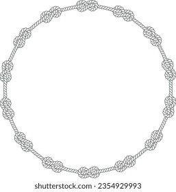 Round rope frame isolated on white background. Twisted cord with decorative loops and nautical knots. Braided rope decor. Vintage flat cartoon vector border.