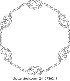 Round rope frame isolated on white background. Twisted cord with decorative loops and nautical knots. Braided rope decor. Vintage flat cartoon vector border.