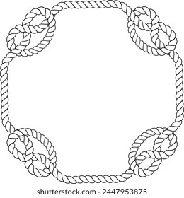 Runder Seilrahmen isoliert auf weißem Hintergrund. Verdrehte Schnur mit dekorativen Loopen und Seeknoten. Dekor aus geflochtenem Seil. Klassische flache Cartoon-Vektorgrafik-Grenze.