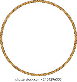 Round rope frame isolated on white background. Twisted cord with decorative loops and nautical knots. Braided rope decor. Vintage flat cartoon vector border.