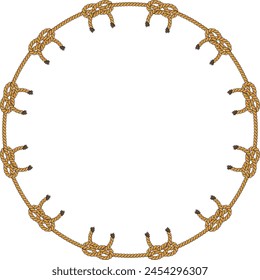 Marco de cuerda redondo aislado sobre fondo blanco. Cordón retorcido con bucles decorativos y nudos náuticos. Decoración de cuerda trenzada. Borde de Vector plano de dibujos animados de Antiguas.