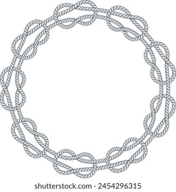 Round rope frame isolated on white background. Twisted cord with decorative loops and nautical knots. Braided rope decor. Vintage flat cartoon vector border.