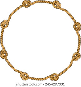 Round rope frame isolated on white background. Twisted cord with decorative loops and nautical knots. Braided rope decor. Vintage flat cartoon vector border.