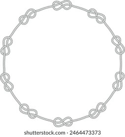 Round rope frame isolated on white background. Twisted cord with decorative loops and nautical knots. Braided rope decor. Vintage flat cartoon vector border.