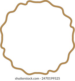 Round rope frame isolated on white background. Twisted cord with decorative loops and nautical knots. Braided rope decor. Vintage flat cartoon vector border.