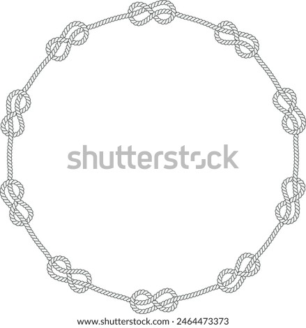 Round rope frame isolated on white background. Twisted cord with decorative loops and nautical knots. Braided rope decor. Vintage flat cartoon vector border.