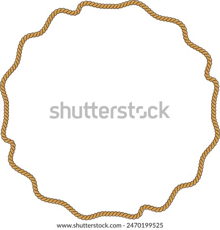 Round rope frame isolated on white background. Twisted cord with decorative loops and nautical knots. Braided rope decor. Vintage flat cartoon vector border.