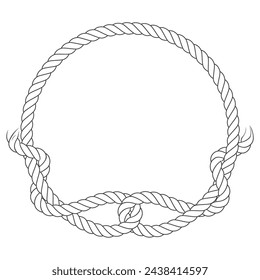 Marco de cuerda redonda con lazos de nudo, círculo de cuerda con extremos irregulares, nudo de pescador, vector