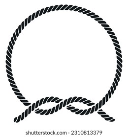 Round rope frame nautical black minimalist border with knot monochrome vector illustration. Circle twisted boundary for decoration curved string cord vintage cable thread pattern sea marine style