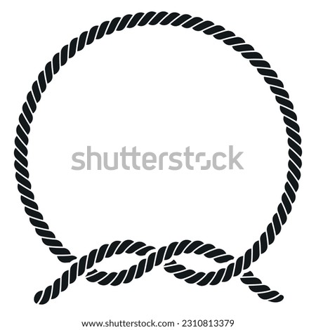 Round rope frame nautical black minimalist border with knot monochrome vector illustration. Circle twisted boundary for decoration curved string cord vintage cable thread pattern sea marine style