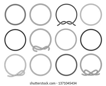 Round rope frames set, twisted round pattern for decoration. Collection of loops. Vector flat style cartoon nautical circular frames illustration isolated on white background