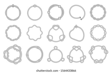 Round rope frames, wavy and smooth outline with sea knots. Woven lines of frames. Borders for selection template, vector illustration.