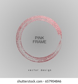 Round rose frame on a gray background. Circle luxury vintage border, Label, logo design element. Hand drawn shape vector Illustration. Pink Brush abstract wave