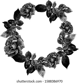 round rose frame, sketch vector graphics monochrome illustration on white background