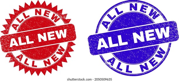 ALLE NEUEN Robbenmarken runden und rosetten. Flache Vektor-Distress-Briefmarken mit ALL NEUEM Slogan in rund und scharf Rosette Form, in Rot-und Blau-Farben. Kautschukimitate mit gekratztem Stil,