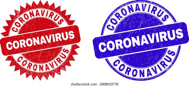 Round and rosette CORONAVIRUS seal stamps. Flat vector scratched seal stamps with CORONAVIRUS slogan inside round and sharp rosette shape, in red and blue colors. Imprints with scratched texture,