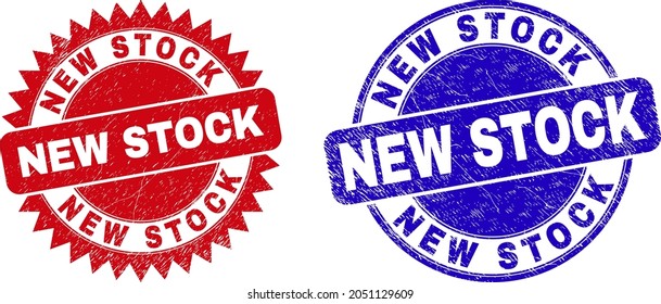 Round and rosette NEW STOCK seal stamps. Flat vector scratched seal stamps with NEW STOCK text inside round and sharp rosette shape, in red and blue colors. Rubber imitations with grunged surface,