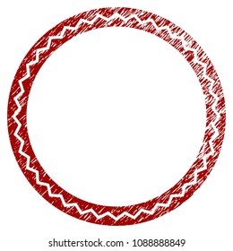 Round rosette seal grunge textured template. Vector draft element with grainy design and unclean texture in red color. Designed for overlay watermarks and rubber seal imitations.