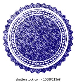 Round rosette seal grunge textured template. Vector draft element with grainy design and unclean texture in blue color. Designed for overlay watermarks and rubber seal imitations.