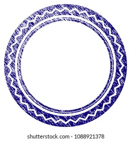 Round rosette seal grunge textured template. Vector draft element with grainy design and scratched texture in blue color. Designed for overlay watermarks and rubber seal imitations.