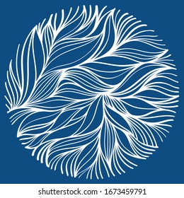 Rundrosette mit weißen, dünnen Kurven auf klassischem Blau. abstraktes Emblem