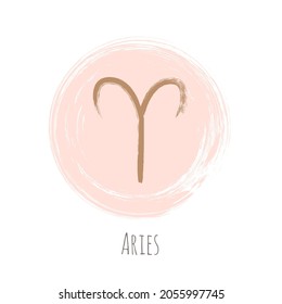 Round rosy pink gold Aries zodiac symbol vector, hand painted coral color horoscope sign. Circle astrological icon isolated. Aries astrology zodiac sign clip art on white background.