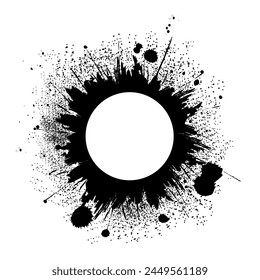 Round rough frame. Dirty splashes of artist ink. Ink paint splatters in drops, blots and dry brush marks. Vector illustration