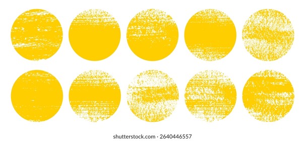 Round rough yellow sun with texture. Yellow grunge circles collection. Sun illustration with textured on white background. Brush sun rough.