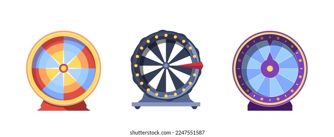 Round Roulette, Fortune Wheels Isolated on White Background. Gambling And Lottery Games, Win Jackpot Concept with Colorful Spinning Fortune Machines. Vector Illustration, Icons