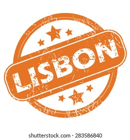 Round rubber stamp with city name Lisbon and stars, isolated on white