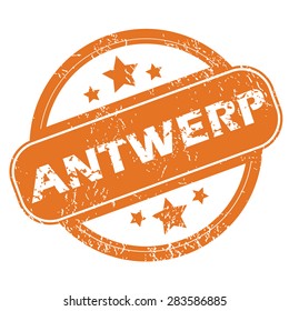 Round rubber stamp with city name Antwerp and stars, isolated on white