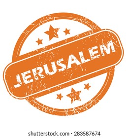 Round rubber stamp with city name Jerusalem and stars, isolated on white