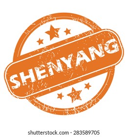Round rubber stamp with city name Shenyang and stars, isolated on white