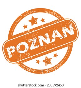 Round rubber stamp with city name Poznan and stars, isolated on white