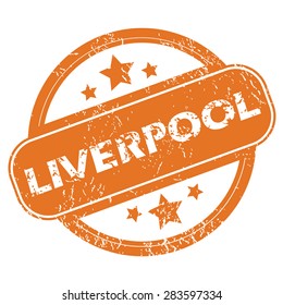 Round rubber stamp with city name Liverpool and stars, isolated on white