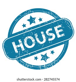 Round rubber stamp with word HOUSE and stars, isolated on white
