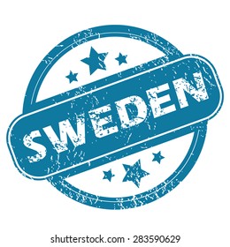 Round rubber stamp with word SWEDEN and stars, isolated on white