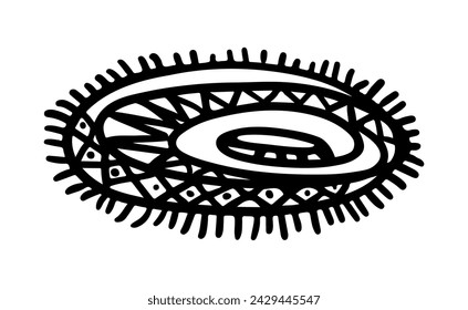 Round rug with African motifs. Vector illustration in cartoon style. Traditional ethnic rug made of natural materials with a pattern of rhombuses and triangles. Finishing the edge with fringe