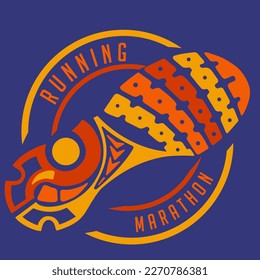 round running logo with foot print drawing with running marathon writing in orange color with blue background