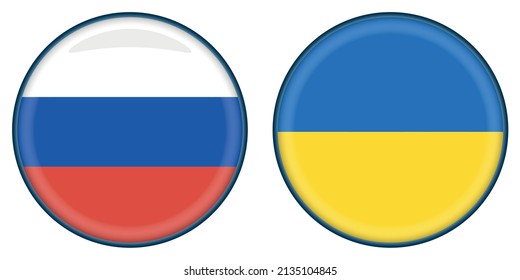 Round Russia and Ukraine Flag buttons. Button in shape of Russian flag and Ukrainian flag. vector illustration