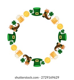 Redondo Saint Patricks Dia quadro. Elementos top hat, moeda, bota, e caneca de cerveja. Copiar espaço para inscrição no centro. Ilustração de vetor desenhada à mão.